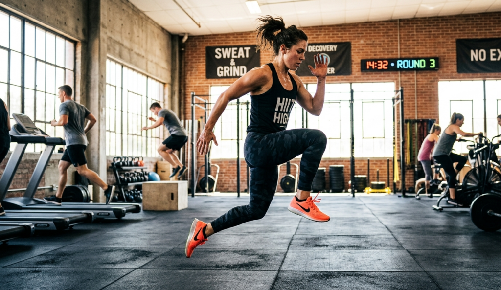 A person performing a high-intensity interval training workout to burn belly fat