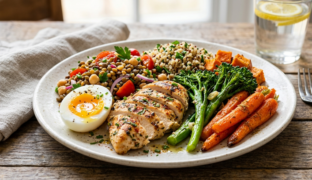 A balanced high-protein meal plate with vegetables and low-carb foods for belly fat loss