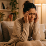 A person sitting comfortably on a couch pressing their fingers gently to their temples, eyes closed, soft warm indoor lighting, a glass of water and a small lavender oil bottle visible on the table beside them, photorealistic, calm and hopeful mood, shallow depth of field, warm neutral tones