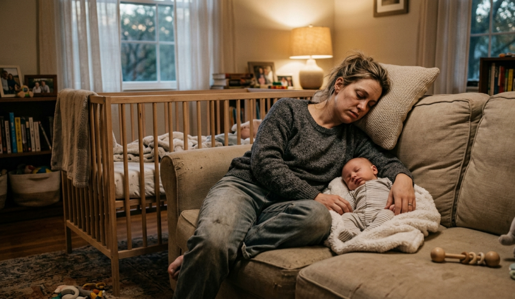 A tired mother resting on a sofa next to a baby crib after childbirth