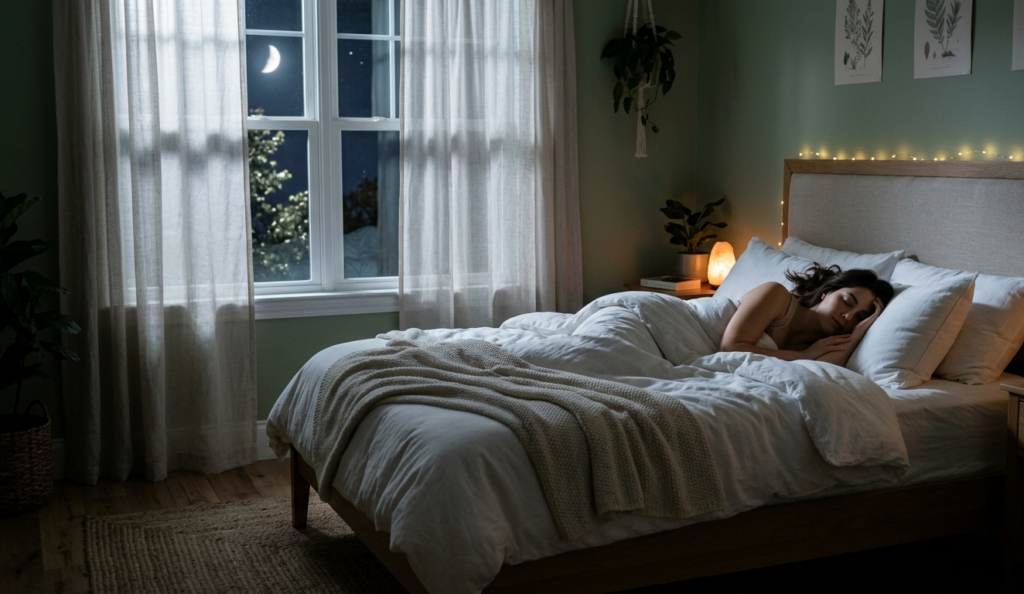 A person peacefully sleeping in a cozy bedroom with soft moonlight coming through the curtains
