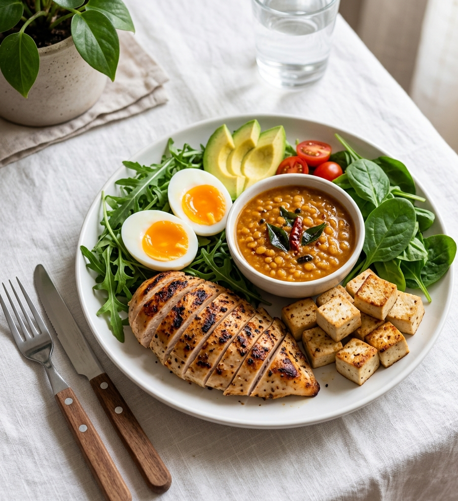 A balanced protein-rich meal with grilled chicken, eggs, lentils, and tofu on a white plate