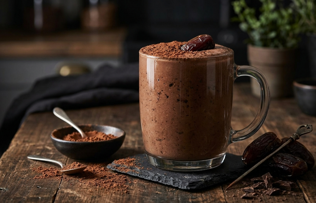 "A rich chocolate-date smoothie served in a glass mug, dusted with cocoa powder and garnished with a whole date, photographed in a dark and moody food photography style."