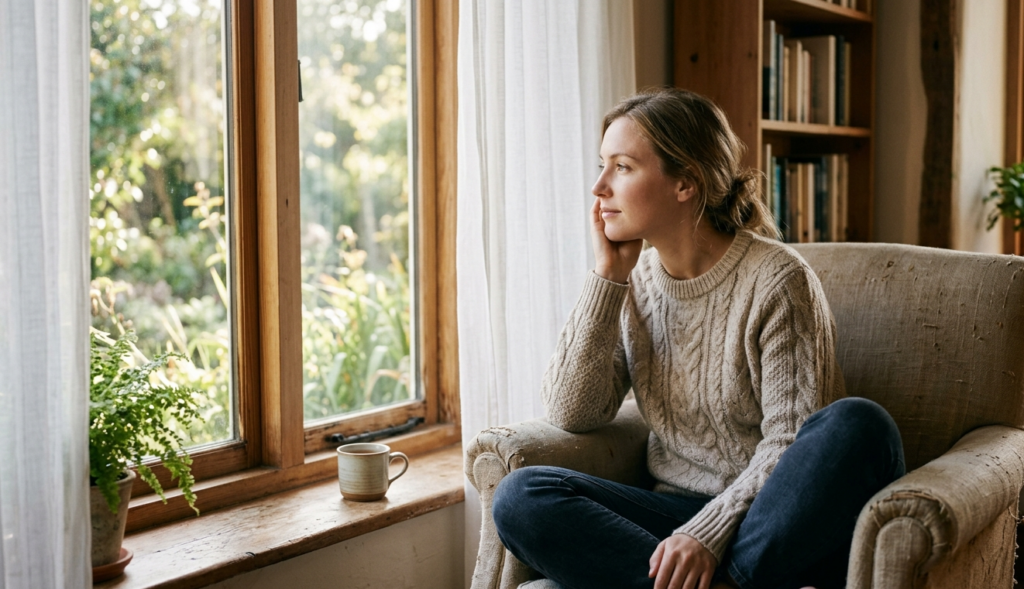 A thoughtful woman sitting by a window reflecting on her well-being