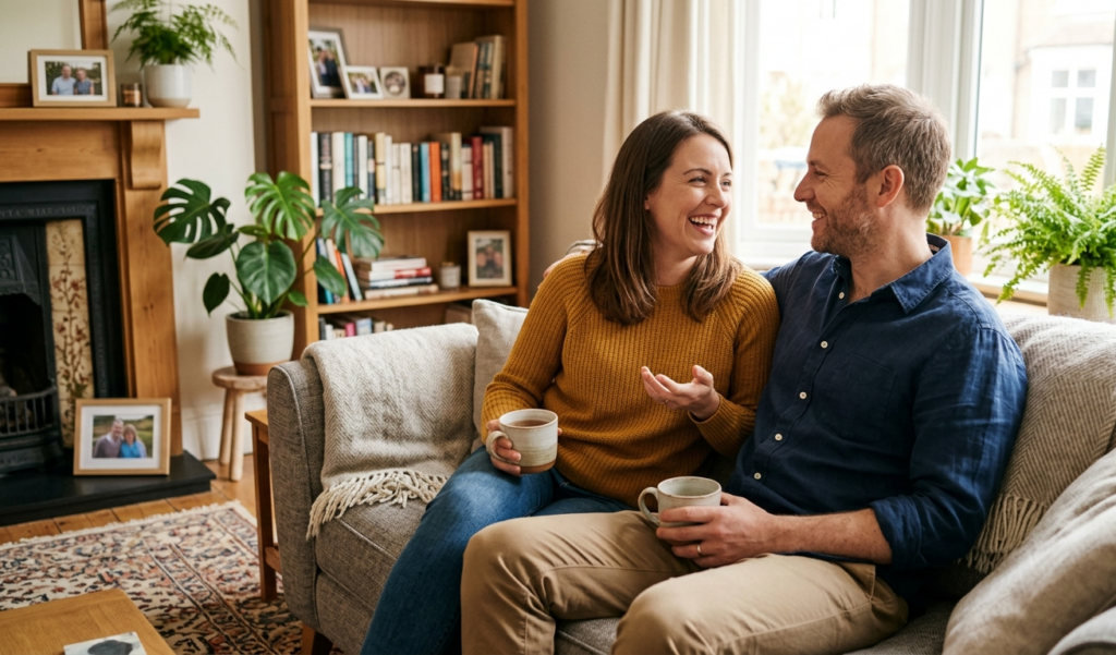 A happy couple communicating openly at home representing a healthy relationship