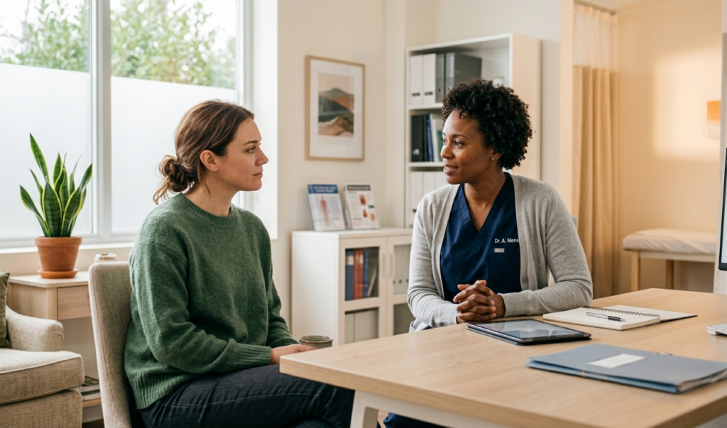 A woman having a private consultation with a doctor in a clinic