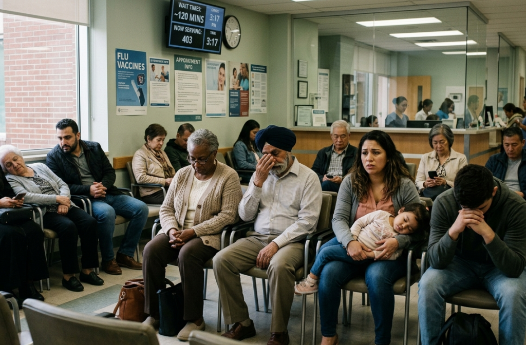 Diverse group of people of different ages sitting in a hospital waiting room looking tired and worried