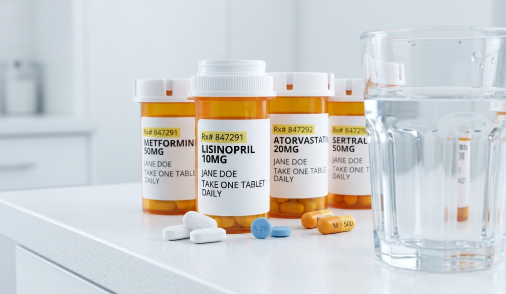 Prescription medicine bottles and pills on a table representing medication side effects