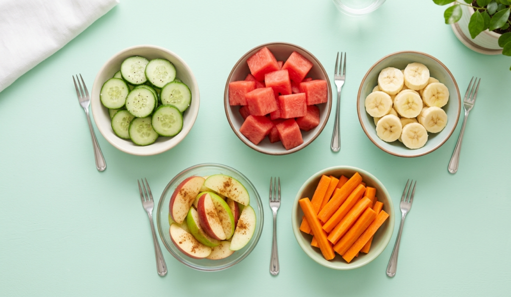 Healthy snacks including cucumber slices, watermelon, banana, apple, and carrot sticks arranged in small bowls