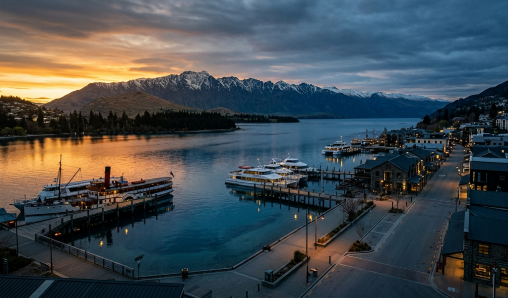 Queenstown New Zealand lakeside at sunset, luxury tourist boats on crystal clear water, dramatic mountain backdrop, but the town streets are eerily quiet and empty, melancholic cinematic mood, golden and blue hour lighting, photorealistic