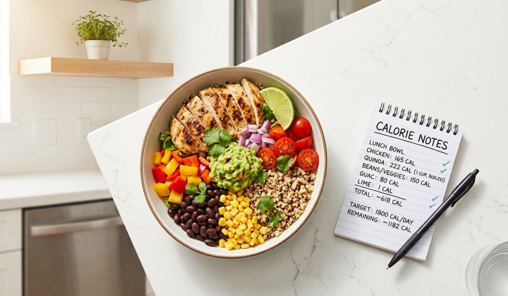 A healthy meal in a bowl with a food journal and pen for tracking daily calories