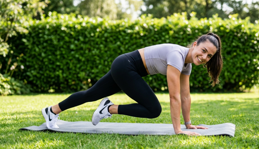 A woman doing mountain climber exercise on a yoga mat outdoors on green grass smiling confidently