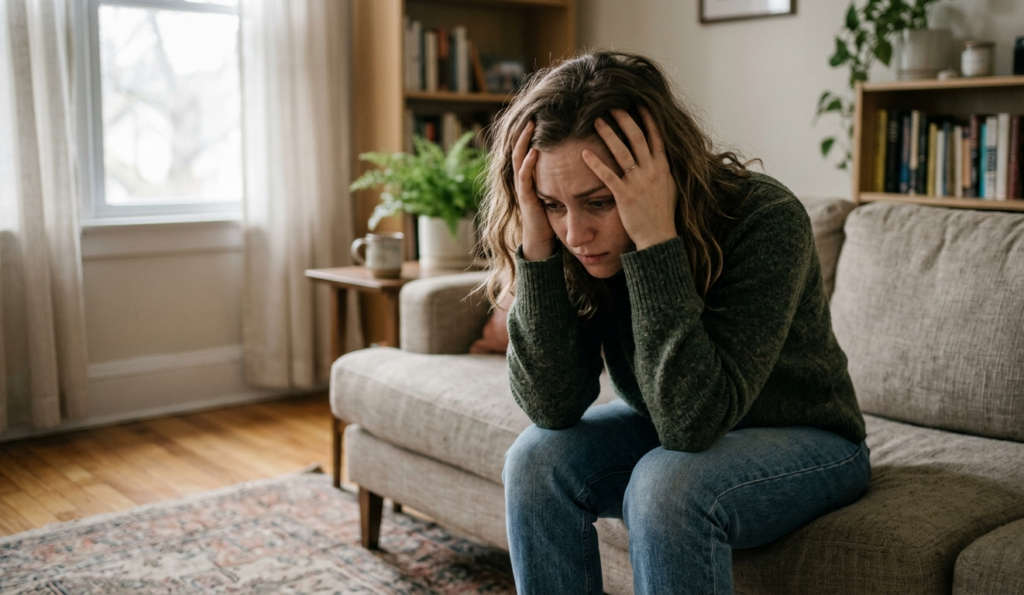 A woman sitting alone looking anxious representing stress and depression