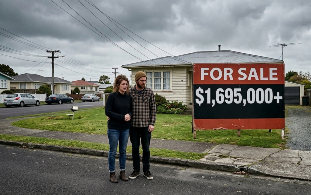 Wide angle shot of a young couple in their late 20s standing outside a small ordinary house with a massive price tag sign, looking stressed and hopeless, suburban New Zealand street, overcast sky, photorealistic, social documentary style