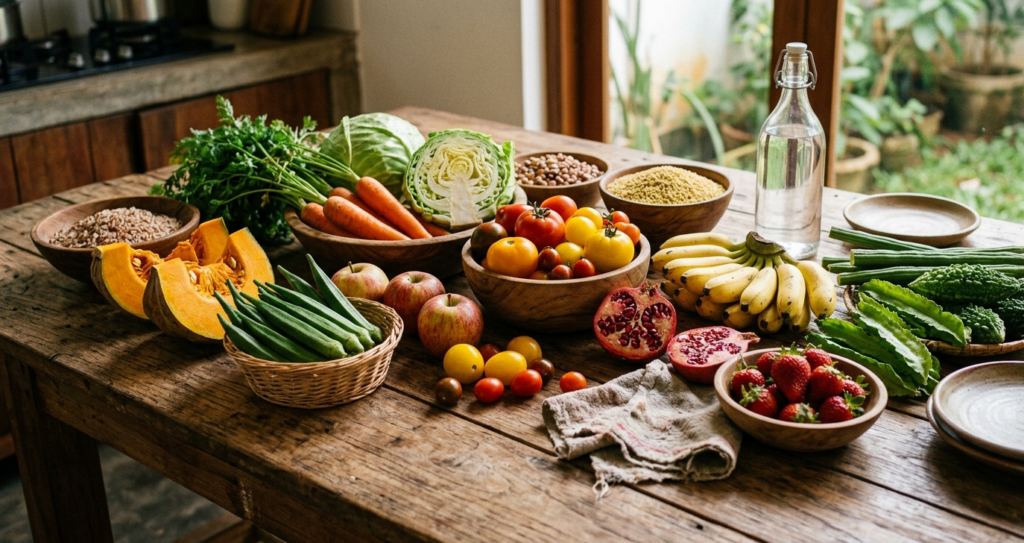 A colorful spread of fiber-rich vegetables and fruits including carrots, apples, and strawberries on a wooden table