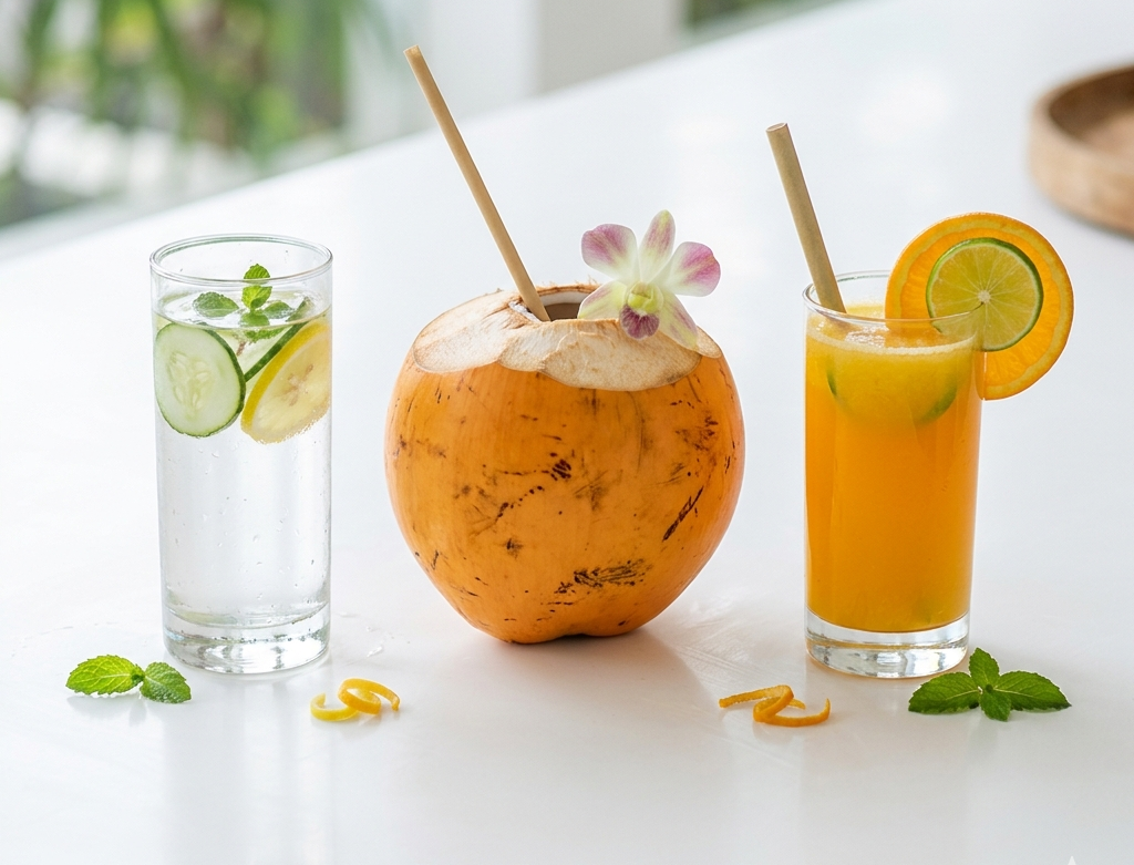 A glass of water with cucumber and lemon slices alongside coconut water and fresh fruit juice