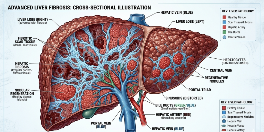 Cross-section medical illustration of a liver showing scar tissue and fibrosis caused by cirrhosis