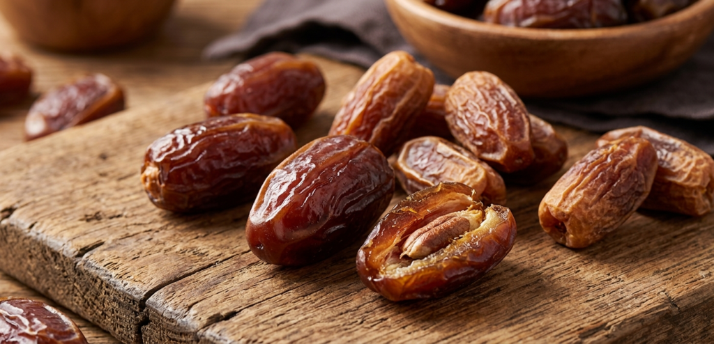 "A close-up of fresh and dried Medjool dates arranged on a wooden surface, showcasing their rich brown color and wrinkled texture under warm natural lighting."