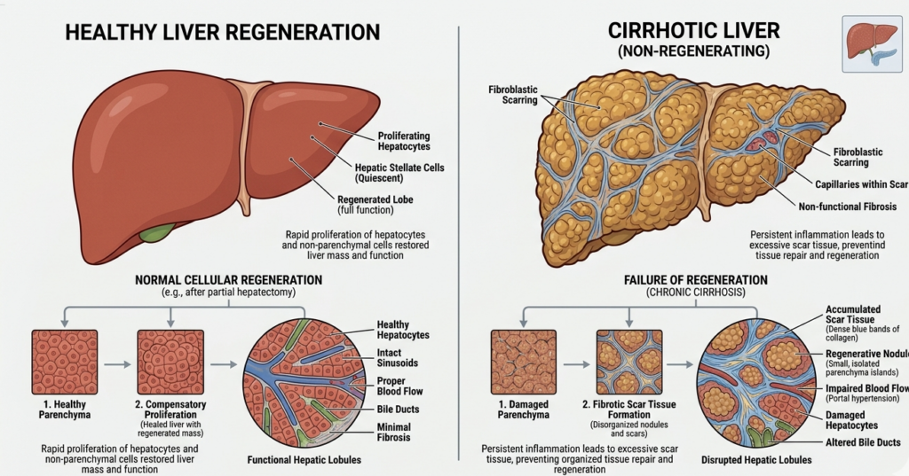 Medical illustration comparing a healthy regenerating liver with a non-regenerating cirrhotic liver