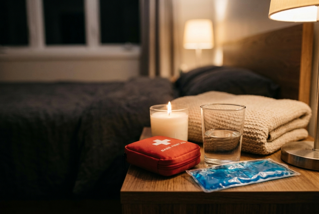 "Aftercare items like ice pack and blanket representing post-intimacy care"