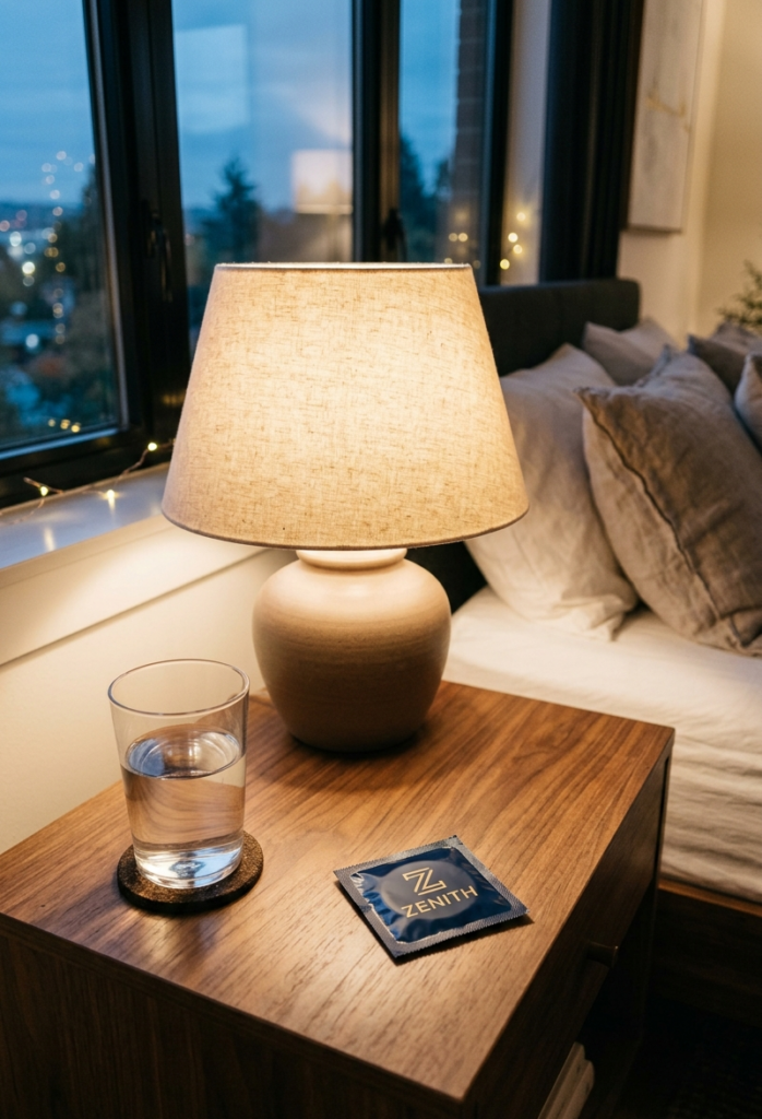 "Condom on a nightstand representing safe sex practices