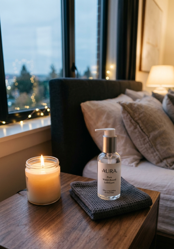 "Water-based lubricant bottle on a nightstand for safer anal sex"
