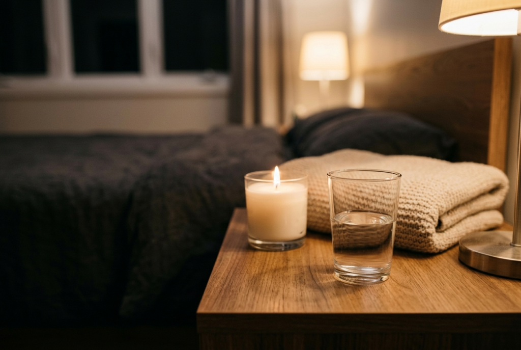 "Bedside table setup representing preparation for safe intimacy"