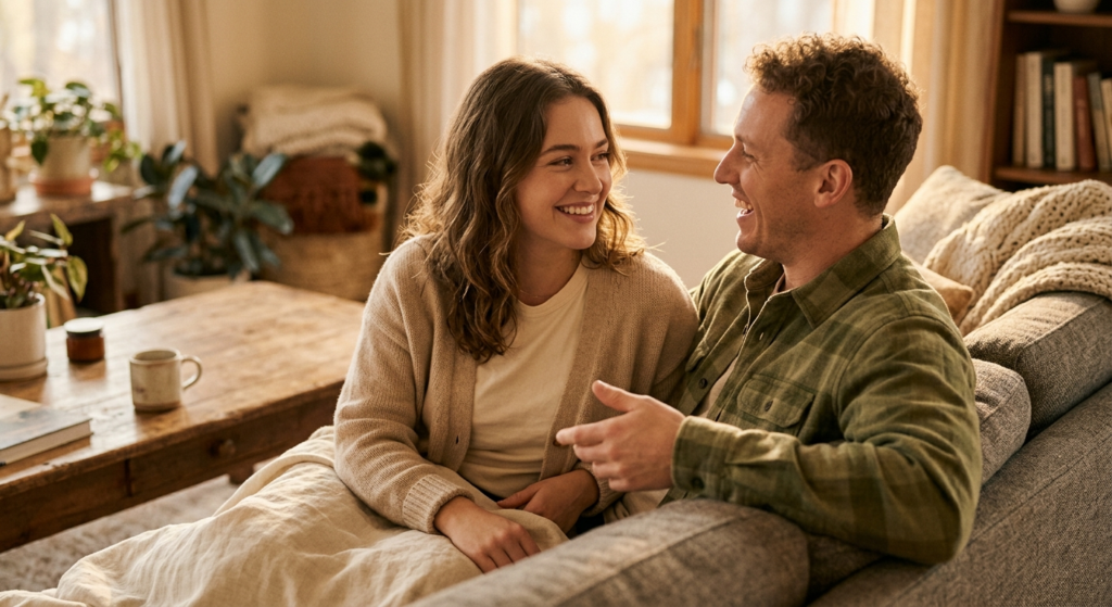 Couple laughing and talking closely in warm light, representing communication and connection in relationships