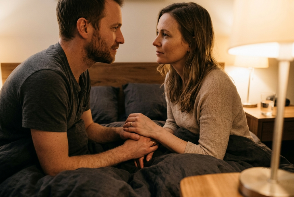 "Couple having a calm conversation representing sexual consent"