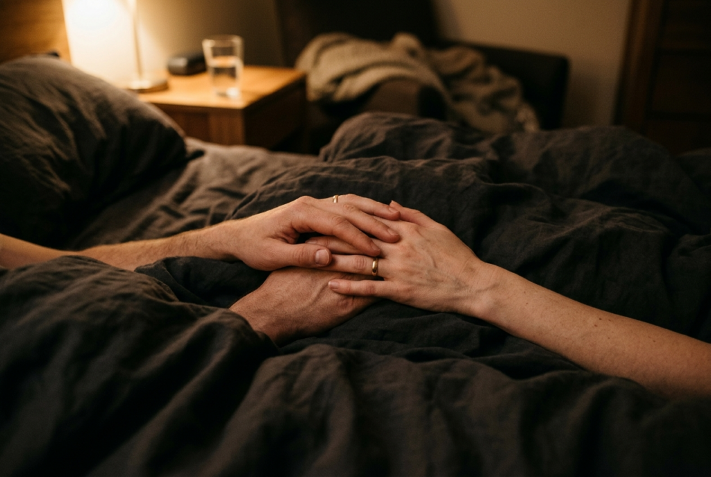"Couple holding hands on bed representing intimacy and trust"