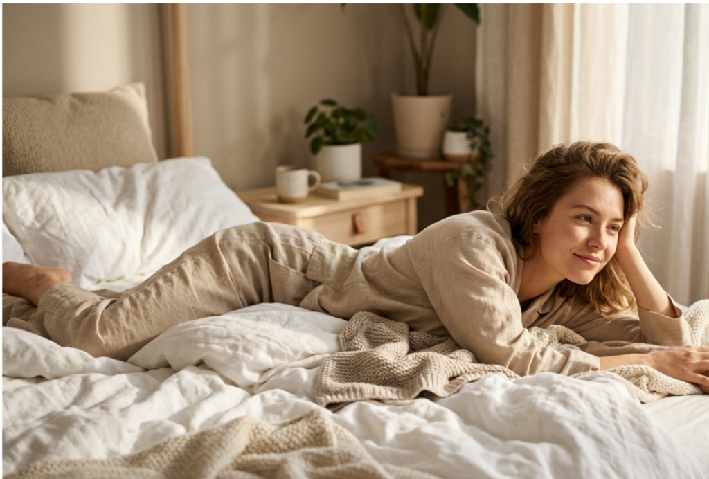 Woman relaxing peacefully in bed with soft morning light, representing wellness and self-care