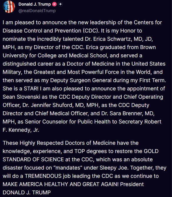 Donald Trump's Truth Social post announcing Erica Schwartz as his CDC director nominee