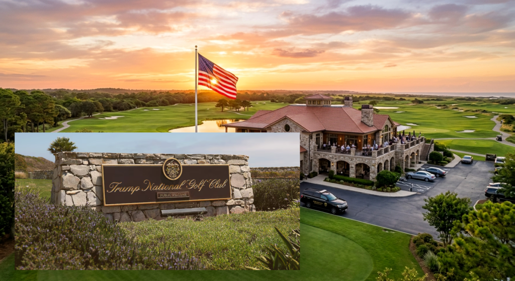 Stone entrance sign for Trump National Golf Club surrounded by lavender bushes and greenery